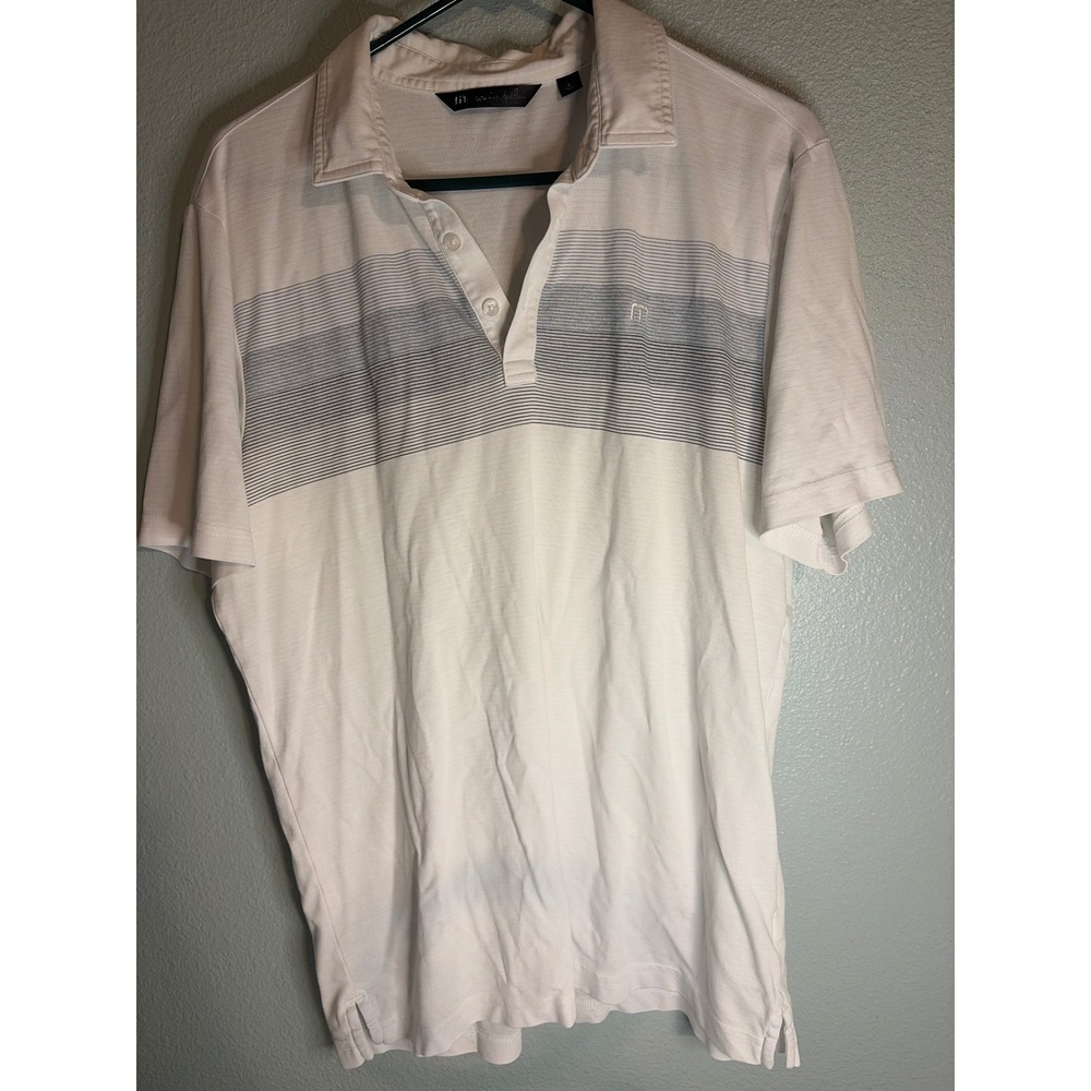 TravisMathew Mens Large White Grey Striped Short Sleeve Golf Polo Shirt